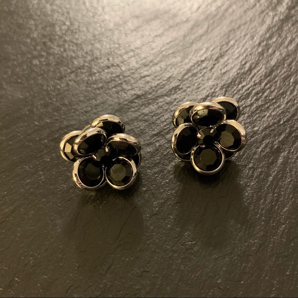 Black Beaded Rose Flower Stud Earrings with Silver Tone Trim - Picture 2 of 9